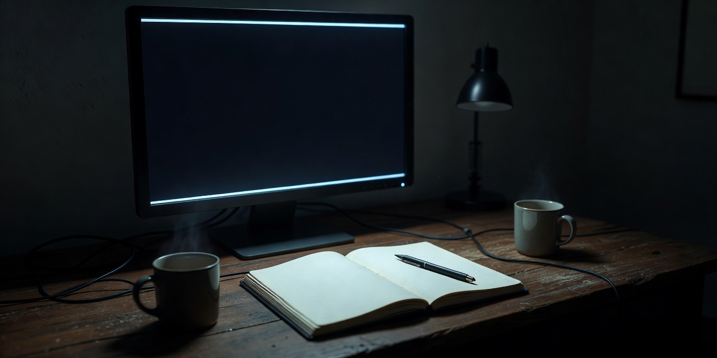 A desk at night with an open notebook beside a monitor paused on a dark frame