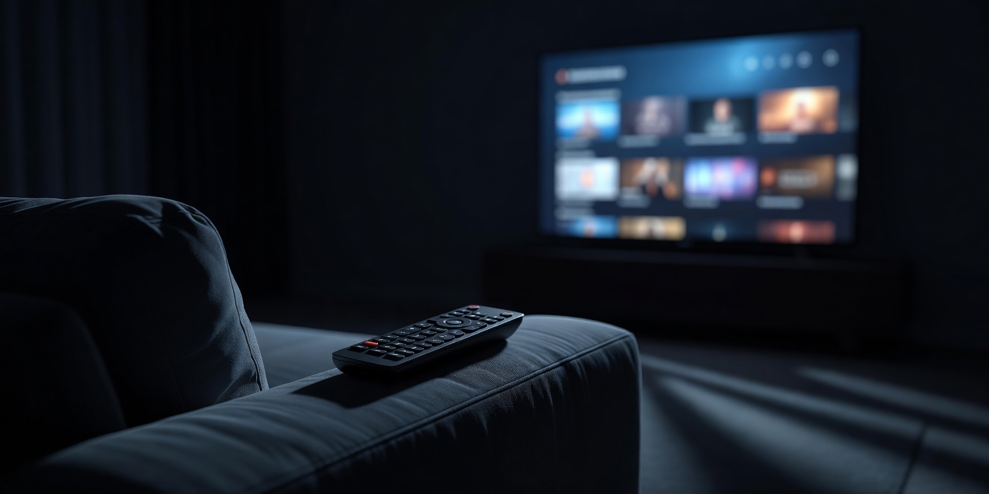A remote control resting on a sofa armrest beside a television glowing in a dark room