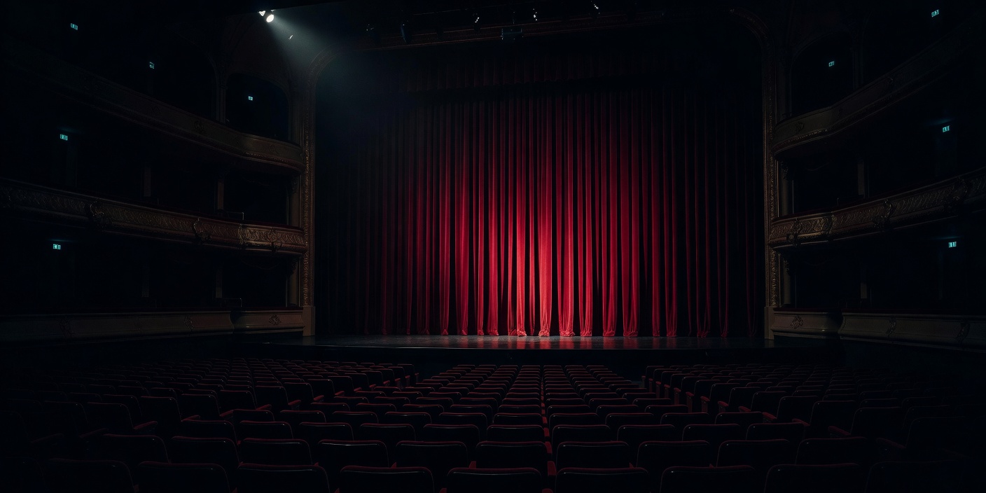 An empty theatre in near darkness with a heavy red curtain closed across the stage