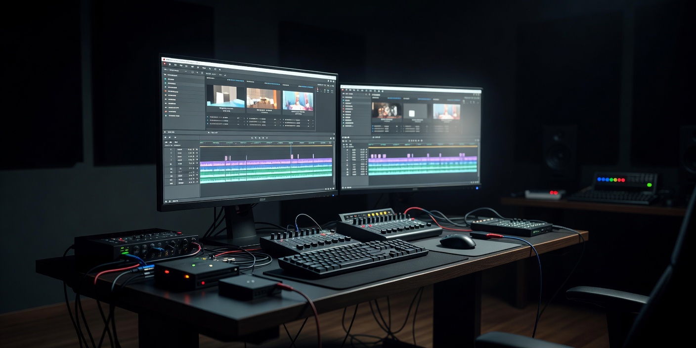 An editing desk with two monitors glowing in a dark production suite