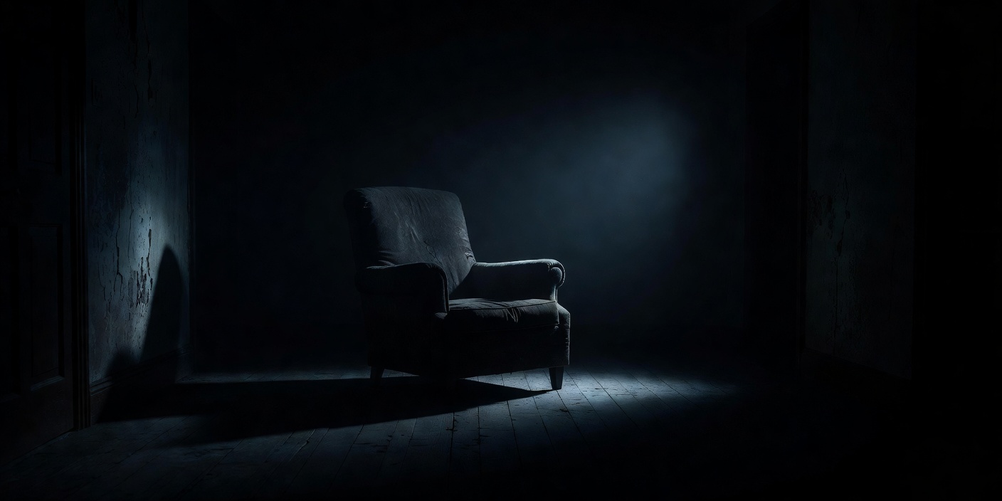 A dark den lit only by a television screen, with a lone armchair in deep shadow